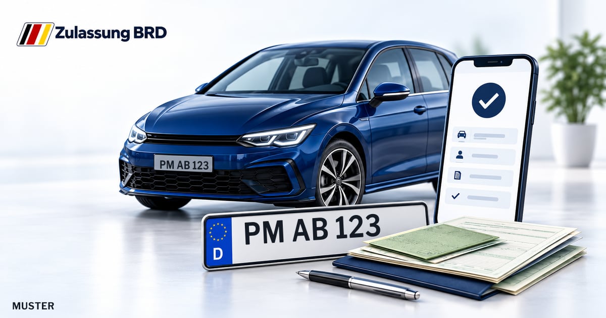Online Fahrzeugzulassung in Beelitz: Musterkennzeichen PM AB 123, Auto und Fahrzeugpapiere und Smartphone. Illustration mit Logo von Zulassung BRD.